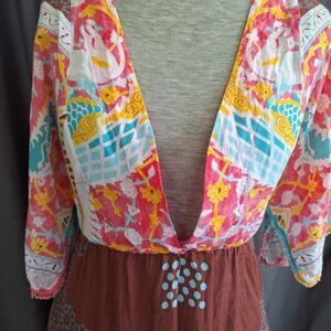 S Tara Beaded Hem Muticolor Bold Shabby Chic Boho Dress Unlined 100 Cotton Fairy